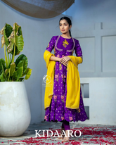 purple Floral Anarkali with Mustard Yellow Dupatta