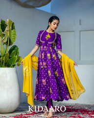 purple Floral Anarkali with Mustard Yellow Dupatta