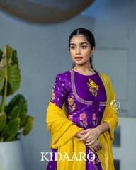 purple Floral Anarkali with Mustard Yellow Dupatta