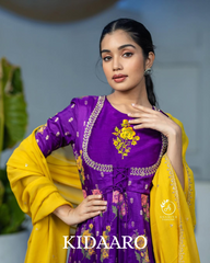 purple Floral Anarkali with Mustard Yellow Dupatta