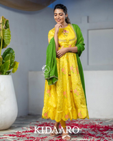 Yellow Floral Anarkali with Green Dupatta