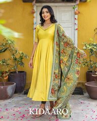 Mustard Yellow Anarkali with Hand-Painted Kalamkari Dupatta