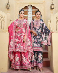 Pure Chinnon Straight Kurta, Divider Pant, and Dupatta Set