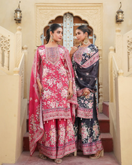 Pure Chinnon Straight Kurta, Divider Pant, and Dupatta Set