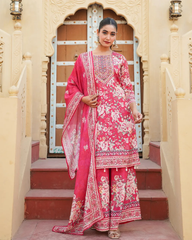 Pure Chinnon Straight Kurta, Divider Pant, and Dupatta Set