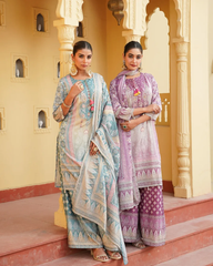 Soft lavender base with traditional block-inspired prints