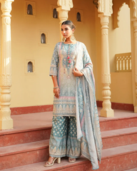 Pastel Blue Embroidered Lawn Suit with Palazzo & Dupatta – Festive Collection