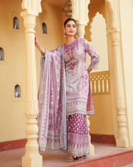 Soft lavender base with traditional block-inspired prints