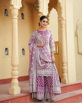 Soft lavender base with traditional block-inspired prints