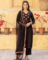 Black Muslin Patchwork Suit