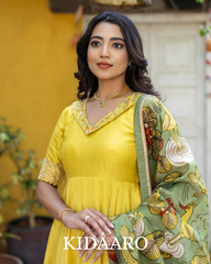 Mustard Yellow Anarkali with Hand-Painted Kalamkari Dupatta