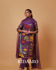 Traditional Purple Kurta Set with Royal Folk Art Print