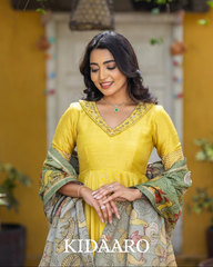 Mustard Yellow Anarkali with Hand-Painted Kalamkari Dupatta