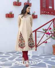 Beige Kurta with Hand-Painted Kalamkari Motifs