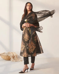 Black Foliage Print Suit Set