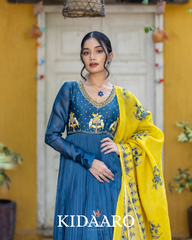 Navy Blue Anarkali with Mustard Yellow Hand-Painted Dupatta