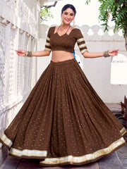 Adorable Brown Chanderi Lehenga Choli with Lace-Up Blouse and Gold Detailing