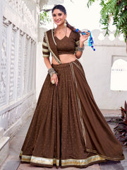 Adorable Brown Chanderi Lehenga Choli with Lace-Up Blouse and Gold Detailing