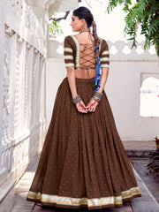 Adorable Brown Chanderi Lehenga Choli with Lace-Up Blouse and Gold Detailing