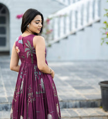 Bloom – Sleeveless Maroon Flared Dress with Nature-Inspired Embroidery