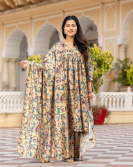 Beige Kalamkari High-Slit Suit Set
