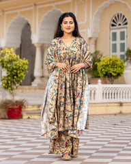 Beige Kalamkari High-Slit Suit Set