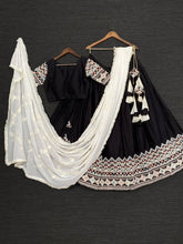 Black Cotton Lehenga Choli with Thread Embroidery & White Dupatta