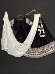Black Cotton Lehenga Choli with Thread Embroidery & White Dupatta