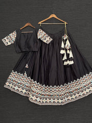 Black Cotton Lehenga Choli with Thread Embroidery & White Dupatta