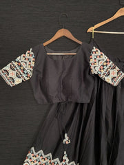 Black Cotton Lehenga Choli with Thread Embroidery & White Dupatta