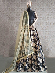 Black Satin Lehenga Choli with Golden Floral Print & Sheer Dupatta