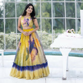 Yellow & Violet Hand-Painted Floral Crop Top & Lehenga Set