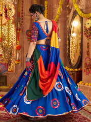 Blue Embroidered Lehenga Choli with Mirror Work & Multicolor Dupatta