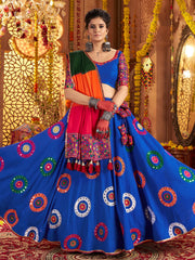 Blue Embroidered Lehenga Choli with Mirror Work & Multicolor Dupatta