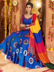 Blue Embroidered Lehenga Choli with Mirror Work & Multicolor Dupatta