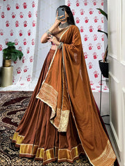 Brown Chanderi Lehenga Choli – Elegant Zari & Gotta Patti Work for Festive Occasions