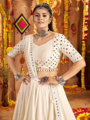 Elegant White Viscose Rayon Lehenga Choli with Mirror Work & Embroidered Border