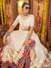 Elegant White Viscose Rayon Lehenga Choli with Mirror Work & Embroidered Border