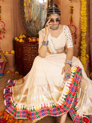 Elegant White Viscose Rayon Lehenga Choli with Mirror Work & Embroidered Border