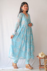 Light Blue Chiffon Anarkali Kurta Set with Sequin Work and Floral Print