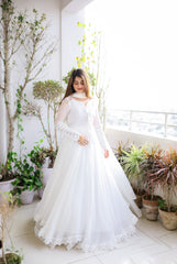 Faux Georgette Anarkali Gown with Lace Work & Tassel Detailing – Party Wear