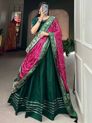 Green Cotton Festival Wear Lehenga Choli with Dupatta