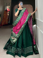 Green Cotton Festival Wear Lehenga Choli with Dupatta