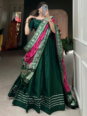 Green Cotton Festival Wear Lehenga Choli with Dupatta