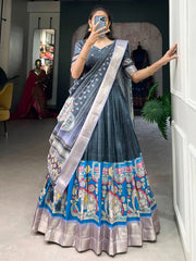 Grey Dola Silk Kalamkari Print Lehenga Choli with Dupatta