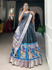 Grey Dola Silk Kalamkari Print Lehenga Choli with Dupatta