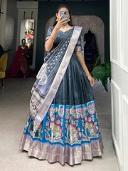 Grey Dola Silk Kalamkari Print Lehenga Choli with Dupatta