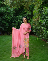 Rose Pink Hand-Painted Animal Art Kurta Set