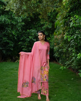 Rose Pink Hand-Painted Animal Art Kurta Set