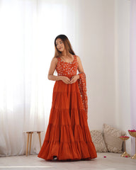 Stunning Orange Georgette Five-Layer Ruffle Anarkali Suit with Embroidered Dupatta – Festive & Party Wear